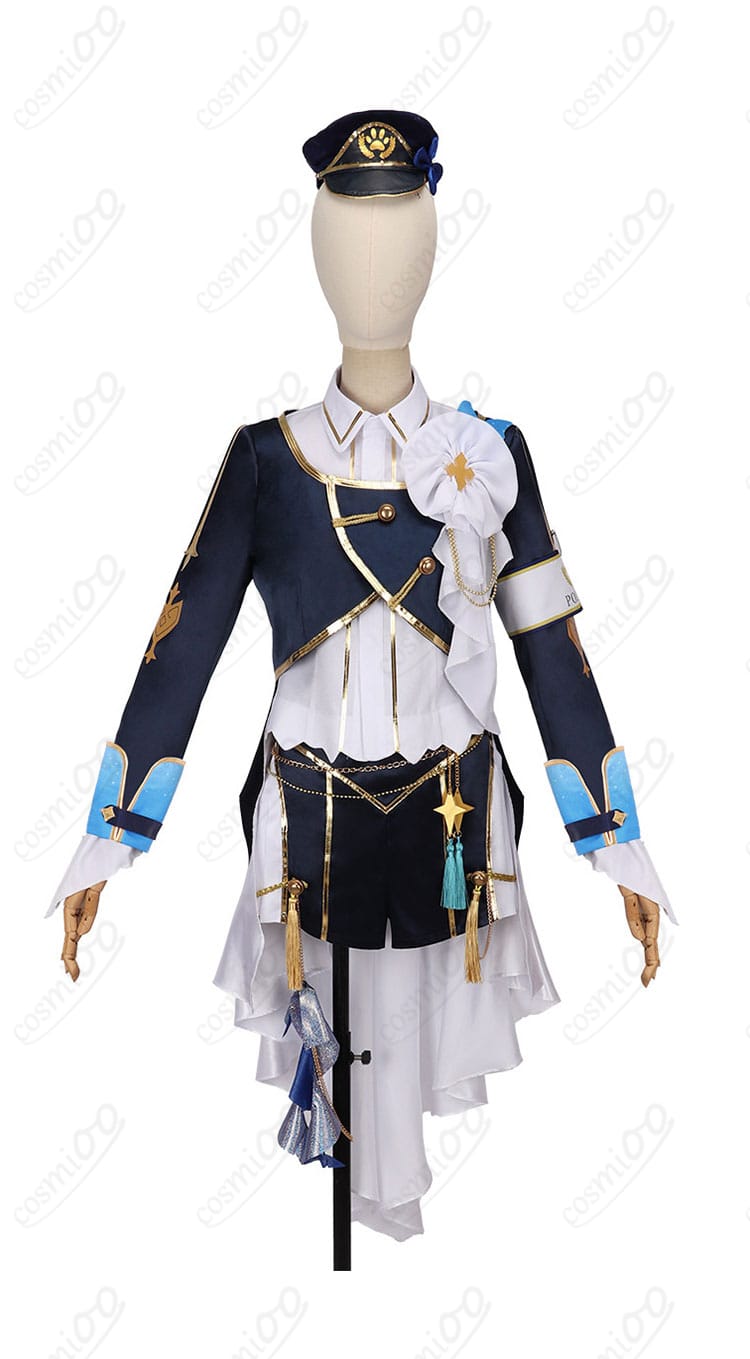 栞葉るり 共通衣装コスプレの正面全体。ヨーロピアン調コートのハリ感と高コントラスト配色、ショートパンツと靴下の組み合わせを確認。