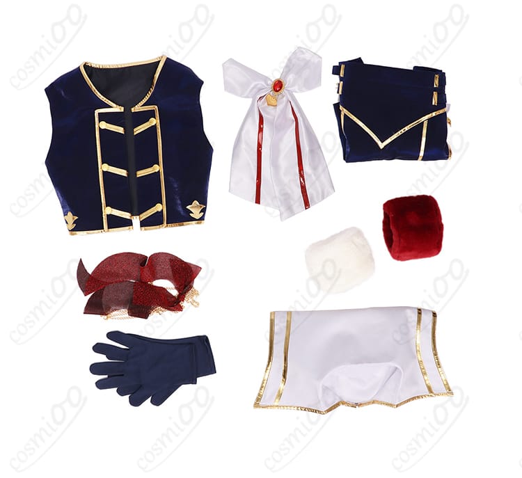 にじさんじ ドーラ 共通衣装のセット内容一式。コート、シャツ、スカーフ、ショートパンツ、手袋、手首飾り、太もも飾りが平置きで並ぶ。