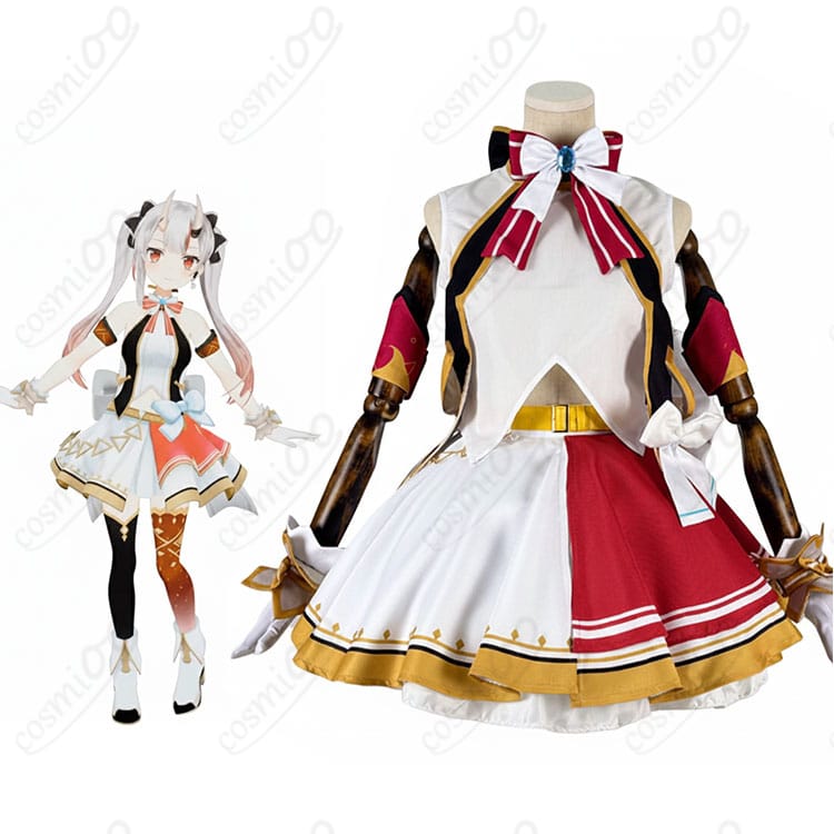 百鬼あやめ アイドル衣装をモデルが着用した全身コーデのイメージ。スカーフと大きな蝶結びが映えるコスプレ一式。