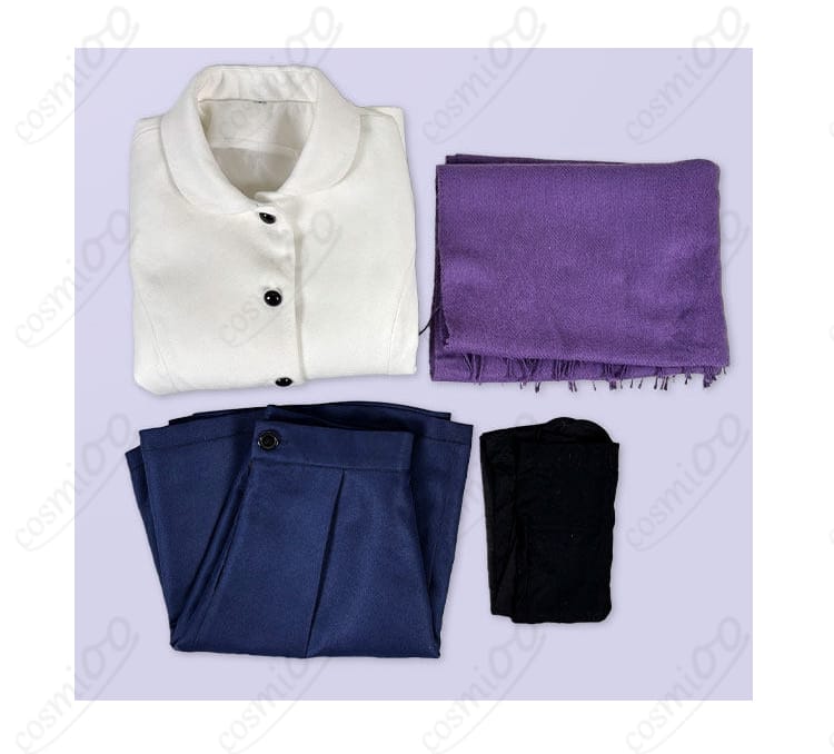 セイバー私服(冬)コスプレのセット内容(コート・スカート・マフラー・靴下)を並べた画像
