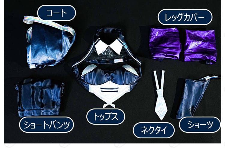 セット内容（コート、トップス、ショートパンツ、ネクタイ、ショーツ、レッグカバー）の一覧配置