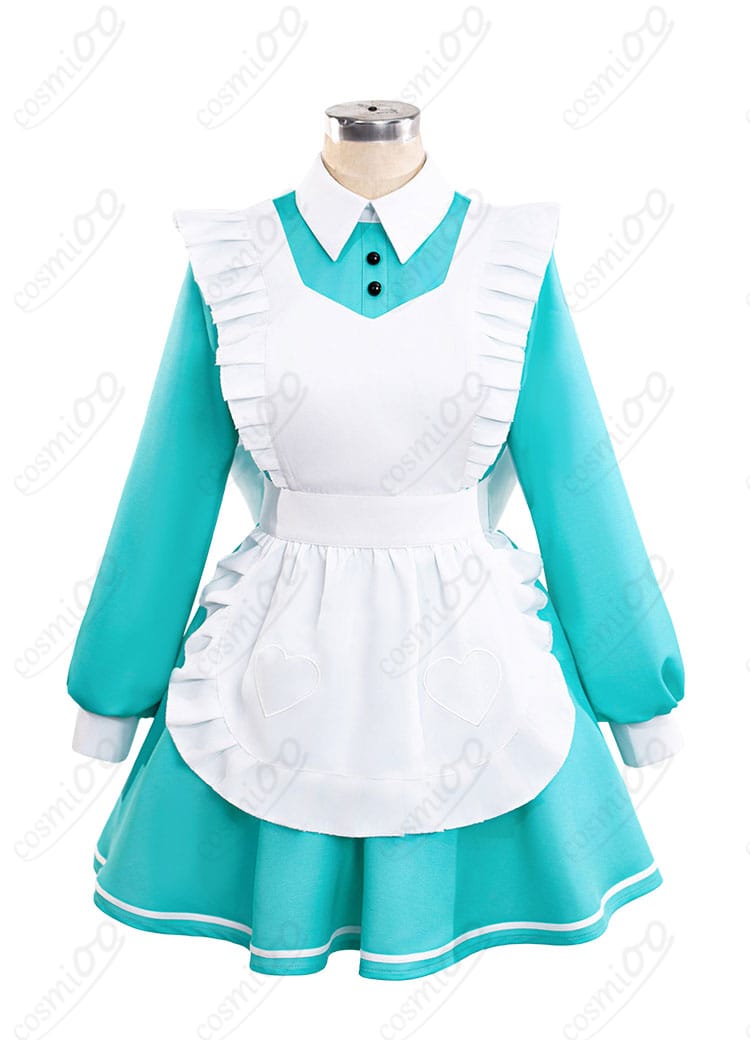 初音ミク 不思議の国ver. メイド衣装の正面。高級ポリエステルツイルの発色とエプロンの清楚感が分かる構図。