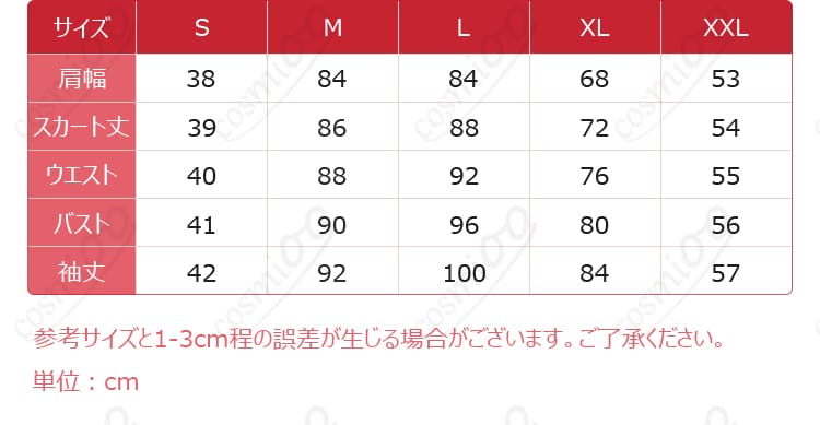 初音ミク 不思議の国ver. メイド衣装のサイズ表。S〜XXLの寸法ガイドと推奨フィットの目安。