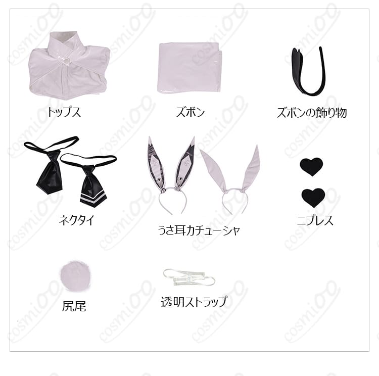 セット内容一式のレイアウト。トップス、ズボン、耳、ニプレス、尻尾、透明ストラップ等を一覧表示