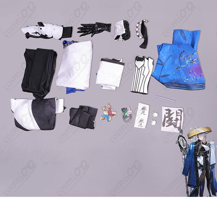 セット内容の一覧。衣装本体一式を並べた構成が分かる画像（笠は別売）。