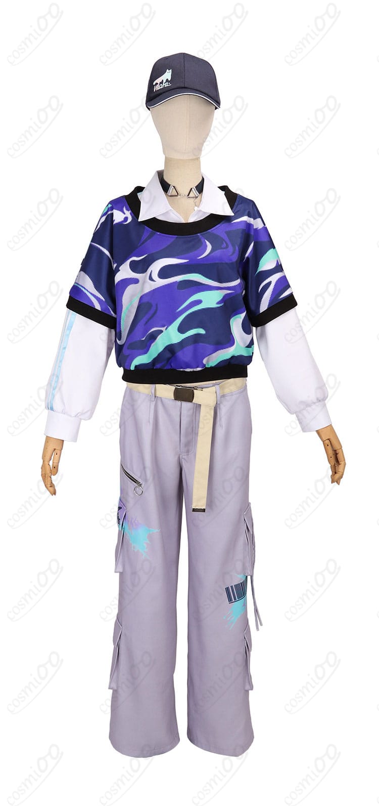 花籠つばさ デフォルト衣装 上着・トップス・ベルト・ズボンの正面ディテール。高コントラスト配色とハリ感のあるシルエット