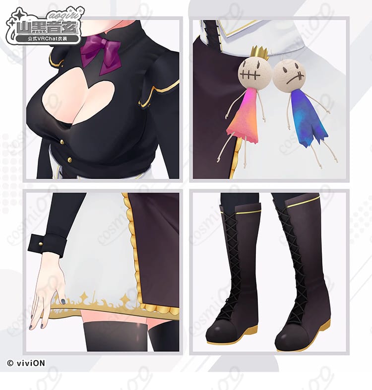 山黒音玄 初期衣装コスプレの装飾ディテール。端正な配色と縫製、撮影映えする質感をクローズアップした画像。