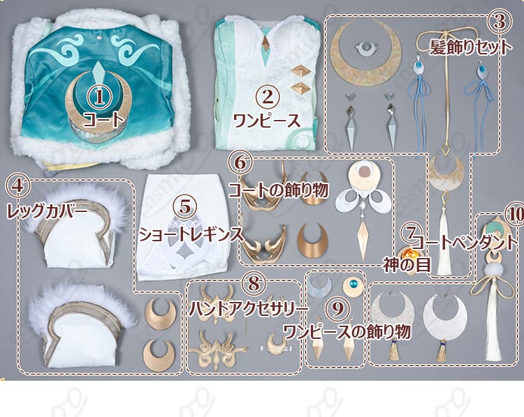 原神コスプレ衣装セット内容一式の平置き構成（コート・ワンピ・装飾）