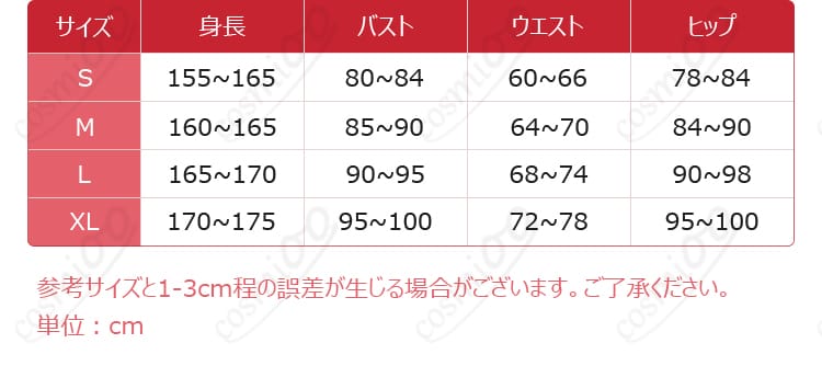 原神コスプレ衣装のサイズ表と採寸ガイドの説明図