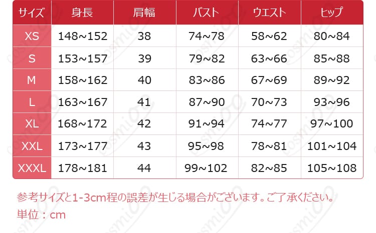 サイズ表と採寸ガイドの画像。S〜XXXLとオーダーメイド対応の範囲を示す。