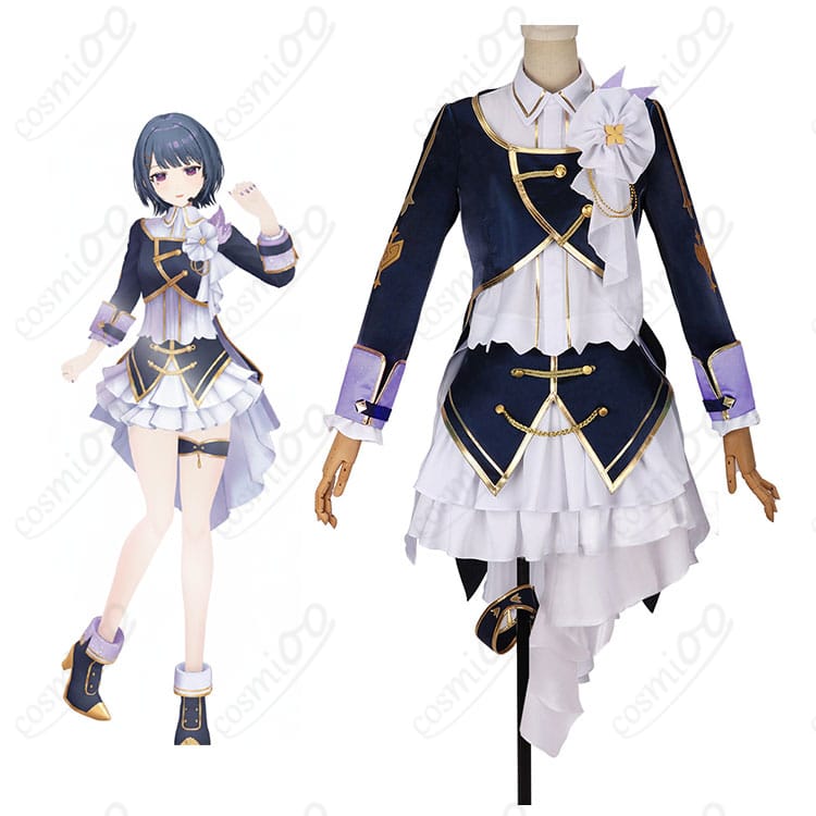 小清水 透 共通衣装を着用した全身イメージ。学園制服風コートと胸飾り・太もも飾りのディテールが分かるコーディネート例。