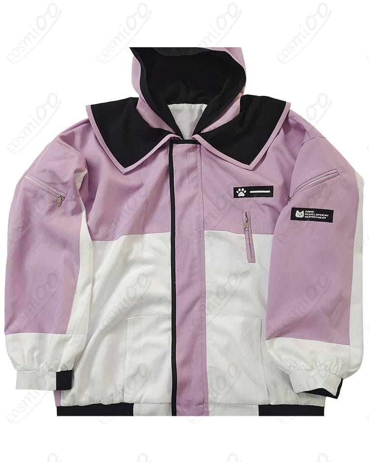 才羽モモイ（ピンク）防寒コートの正面ディテール：襟元と留め具の質感