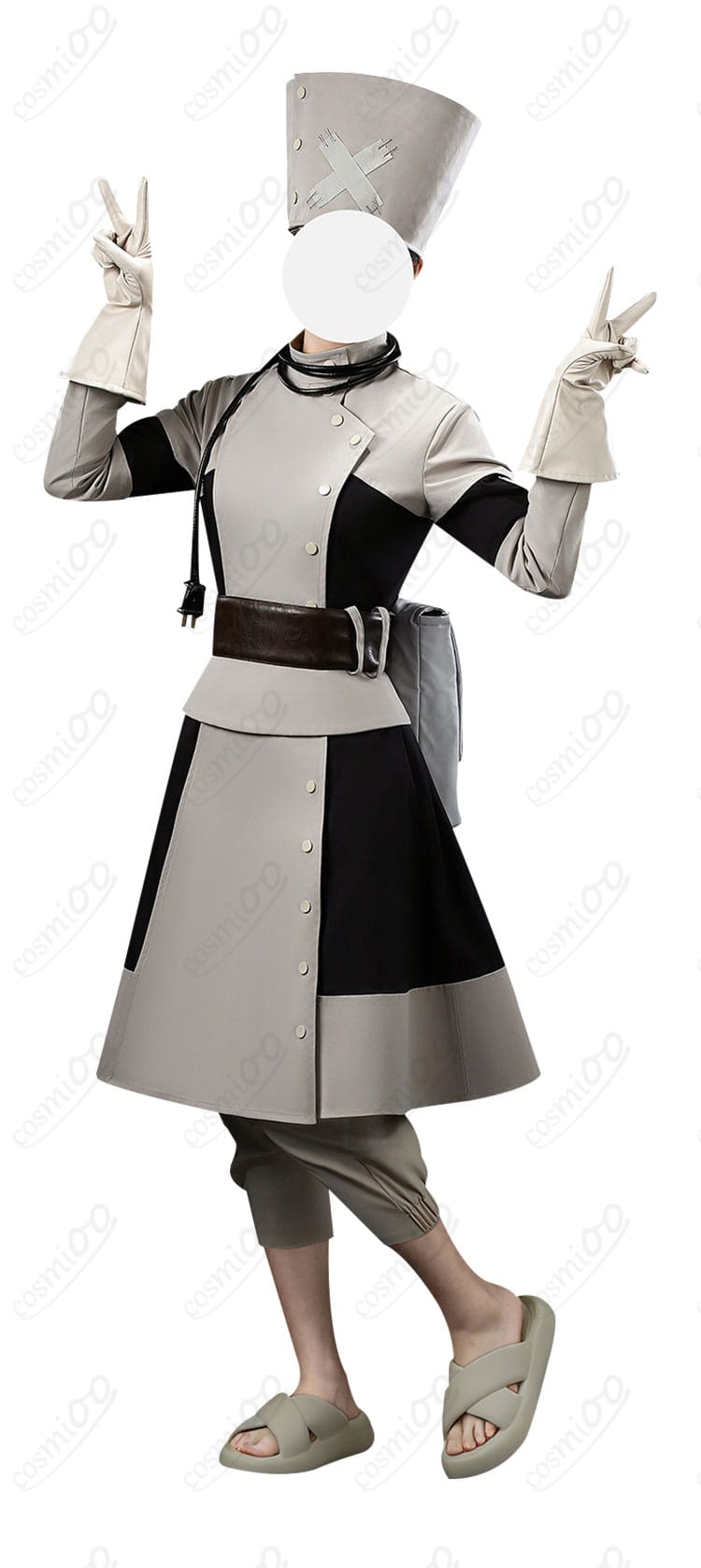 ガチアクタ エイシア・スティルザ衣装の装飾ディテール。コルセットベルトのステッチ、手袋の質感、首飾り金具の仕上げを接写。