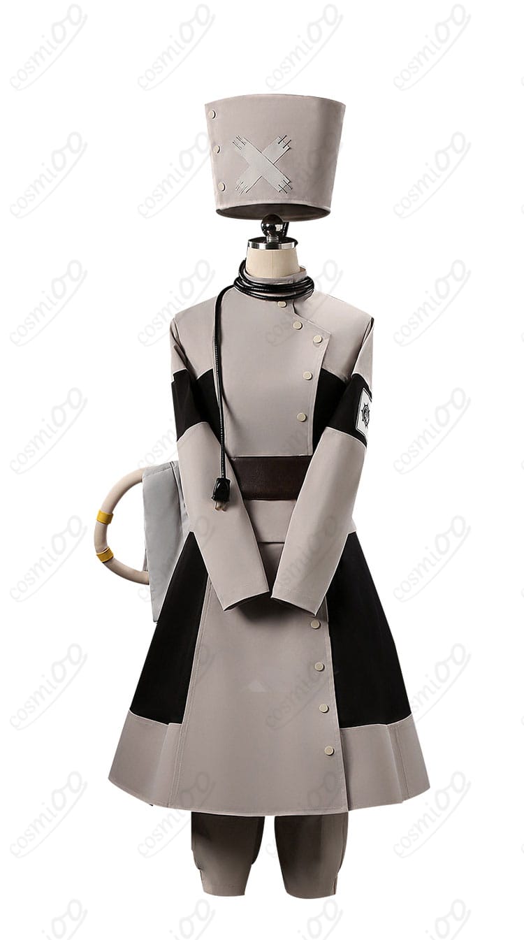 ガチアクタ エイシア・スティルザ コスプレ衣装の正面全体。トレンチ生地のハリと直線的なシルエットが分かる上着＋ズボンのセット。