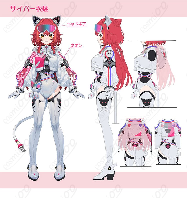 猫汰つな サイバー新衣装コスプレの装飾ディテール近接。直線的ラインとコントラスト配色が際立つ、クールな質感表現。