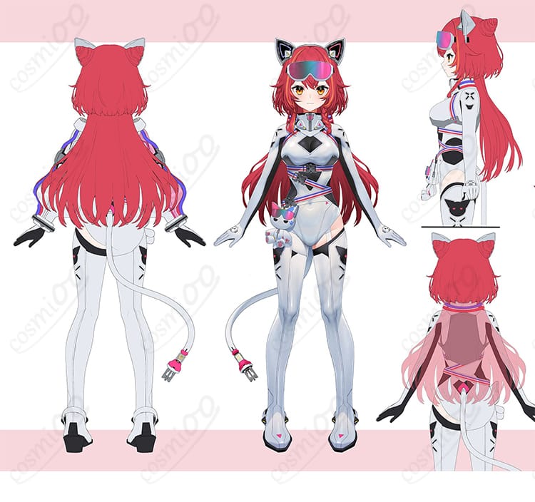 猫汰つな サイバー新衣装コスプレの正面・背面全体。立体シルエットとアーマー風デザインが分かる比較画像。