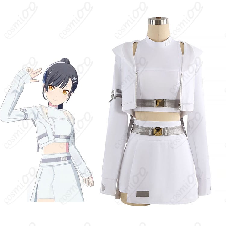 白石杏＆小豆沢こはね風ステージ衣装を着用したモデルの全身イメージ。ジャケットと胸飾りの配色がわかるカット