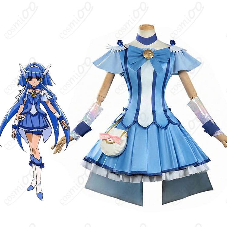 キュアビューティ（青木れいか）変身後戦闘服のモデル着用全身画像。青基調の上品シルエットと装飾がわかる。