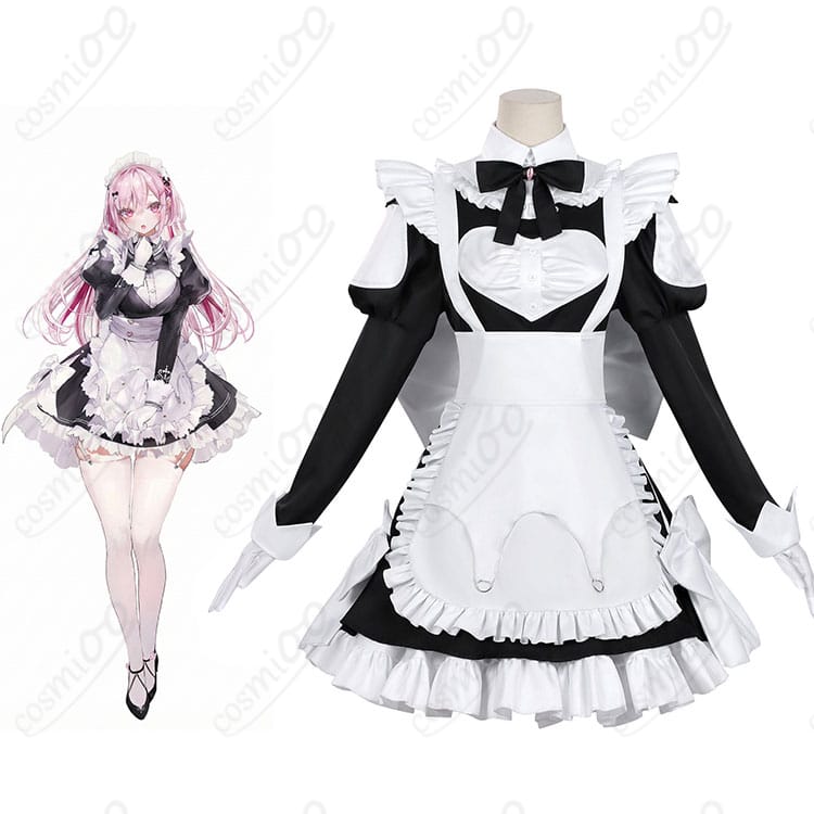 桃乃 ゴーストハウス メイド服の人物着用イメージと衣装全体図（COSMIOO製）