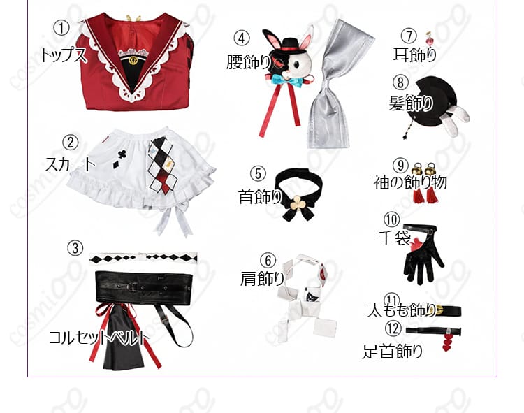 花火（スパークル）コスプレ一式のセット内容展開。トップス、スカート、コルセット、各種アクセサリー、手袋を一覧で表示。