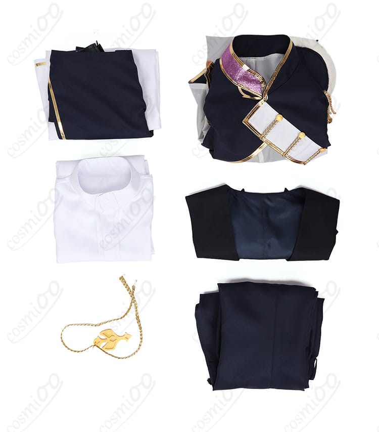 闇ノシュウ CONCERTO共通衣装のセット内容一式（ジャケット、ベスト、シャツ、パンツ、腰布、太もも飾り）平置き展示