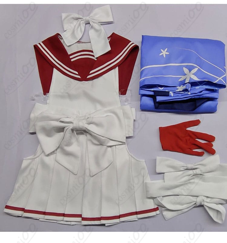 セット内容一覧：羽織（裏地付き）、トップス、プリーツスカート、帯、バインドベルト、手袋を並べた構成写真