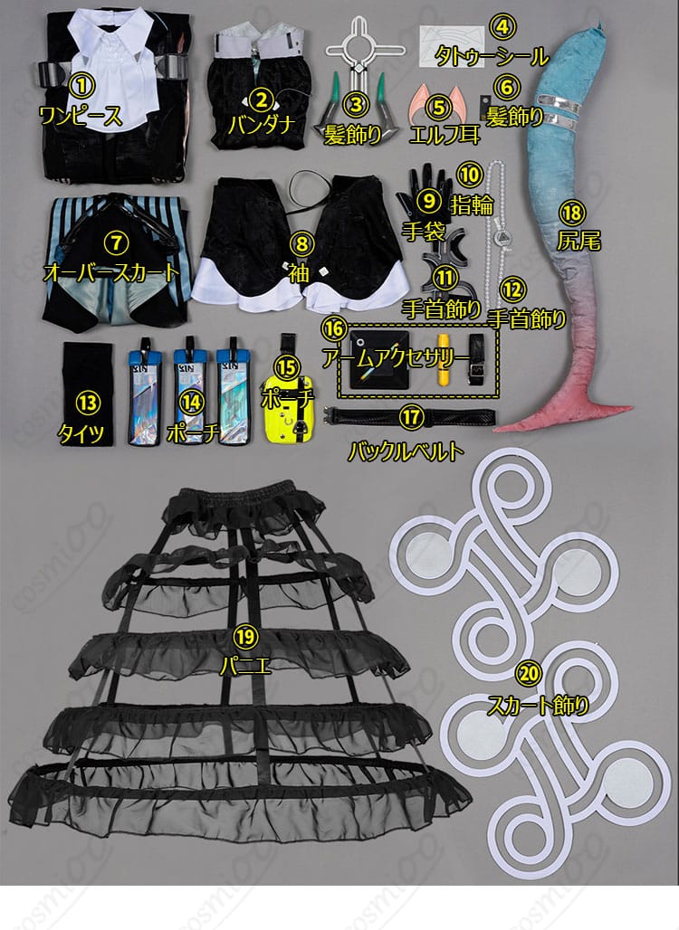 セット内容一式の並び。ワンピース、小物、耳・尻尾、タイツ等