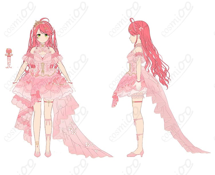 さくらみこ flower fantasista! コスプレ衣装の正面と側面ディテール（ハリ感あるシルエット）