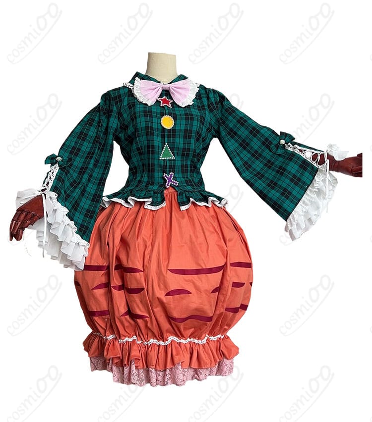 東方Project 秦こころ 二次創作アレンジ和装コスプレ 前面全体。トップスとスカート、結び済みの大きな蝶結びが見える商品画像