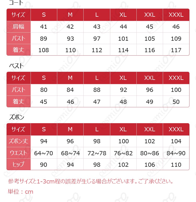 サイズ表の記載（S〜XXXL）と各部位寸法の確認用画像