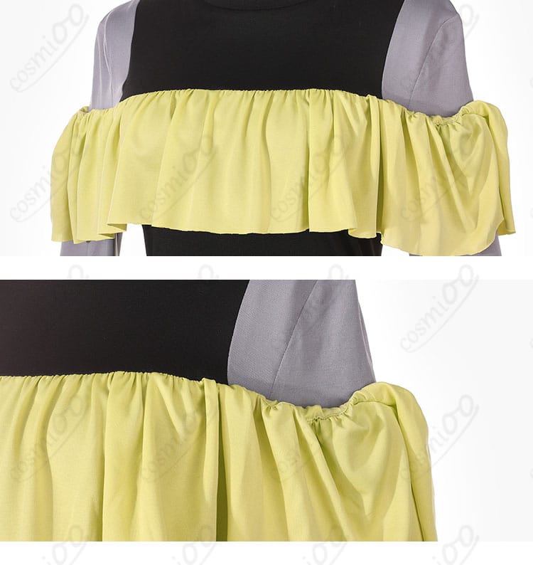 MEMちょ衣装の前合わせ装飾アップ。ラインテープとパネル切替の精密なステッチを強調。