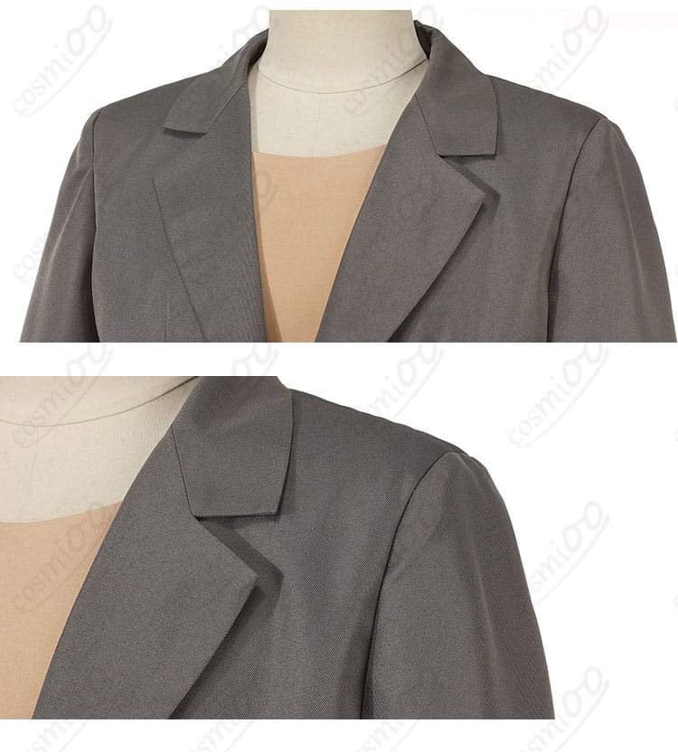 襟元の装飾・開き具合のディテール。首回りの形状と清潔感のある見え方