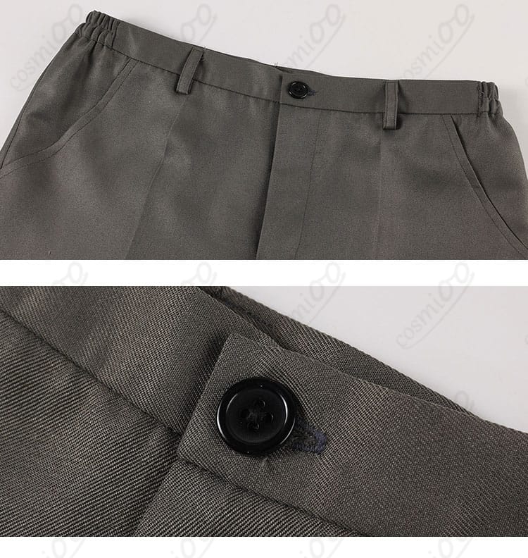 パンツのウエストとボタンのディテール。留め位置の安定感とはだけにくい設計