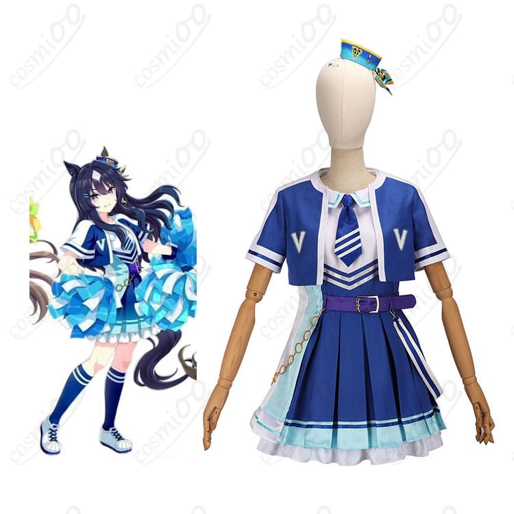ウマ娘 ヴィブロス サプライズチア衣装を着用した全身イメージ。コートとワンピース、髪飾り・腰チェーンまで揃った再現カット。