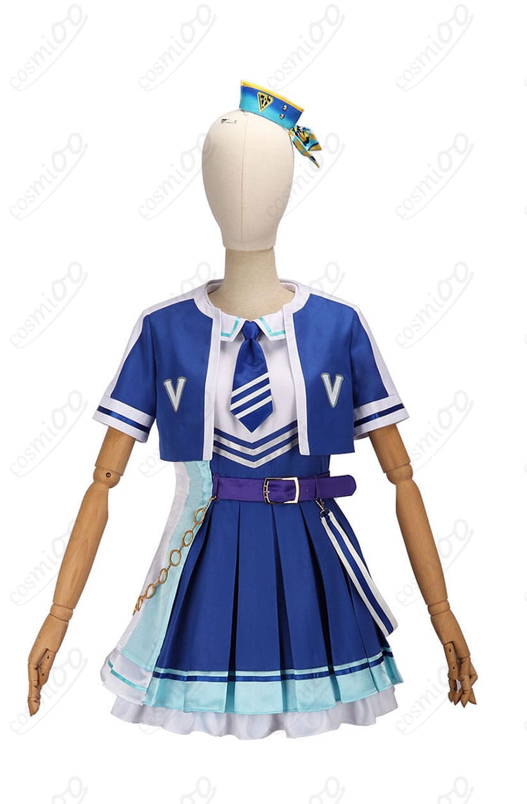 ウマ娘 ヴィブロス サプライズチア衣装の正面全体画像。コートの落ち感とネクタイの配色が分かる商品写真。