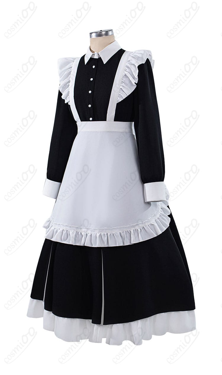 メイド服コスプレ衣装の側面。スカートの落ち感と縦ライン、袖のボリュームバランスが分かる画像