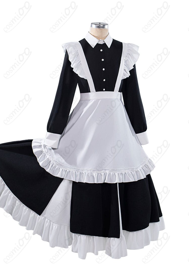 メイド服コスプレ衣装の正面。Aラインワンピースとエプロンのシルエット、胸元のディテールを確認できる画像
