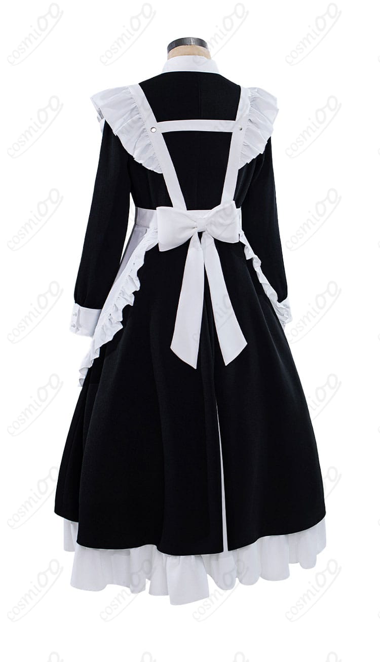 メイド服コスプレ衣装の背面。背面ファスナー位置とエプロン結びの形が見える画像
