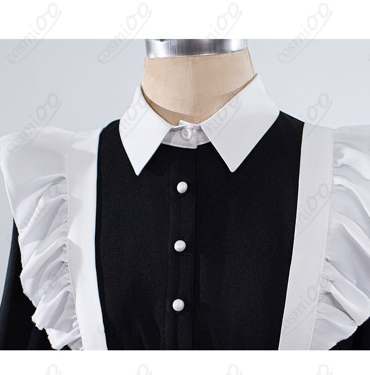 衿元とリボン装飾のディテール。ステッチのきれいさと高級ツイルの質感を示すクローズアップ