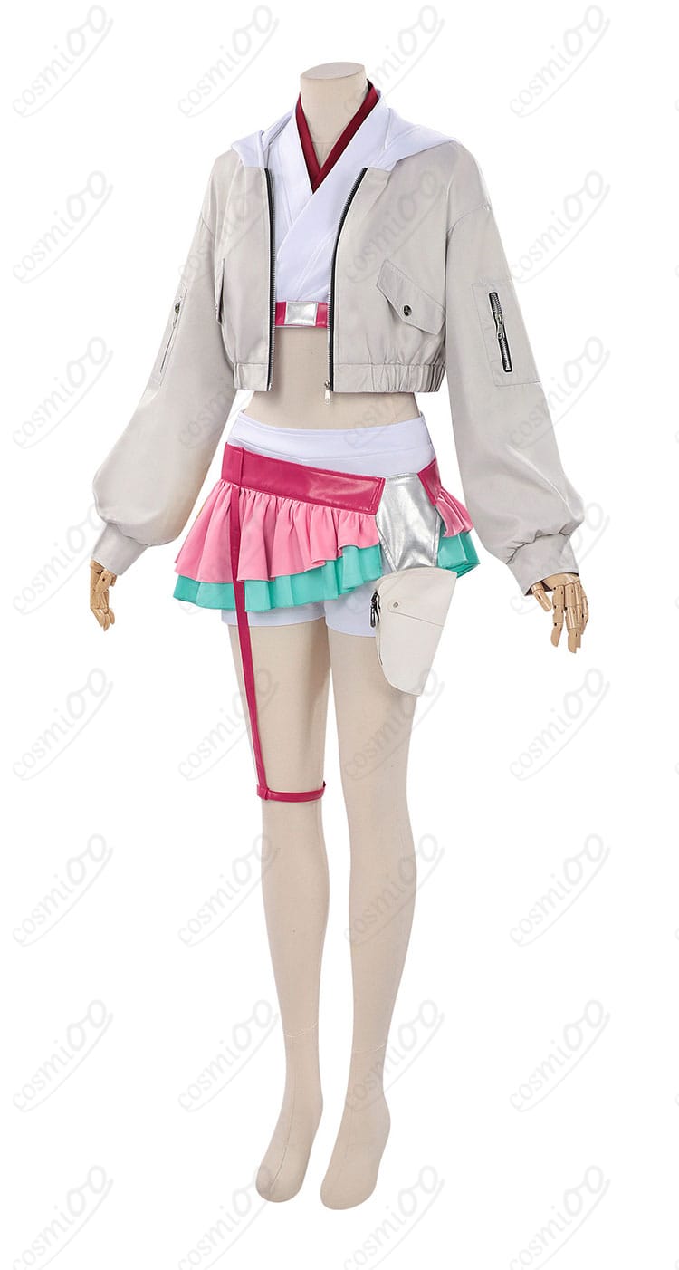 綾紬芦花 コスプレ衣装の側面。スカートのフレアと腰ベルト位置のバランスを確認できる角度。