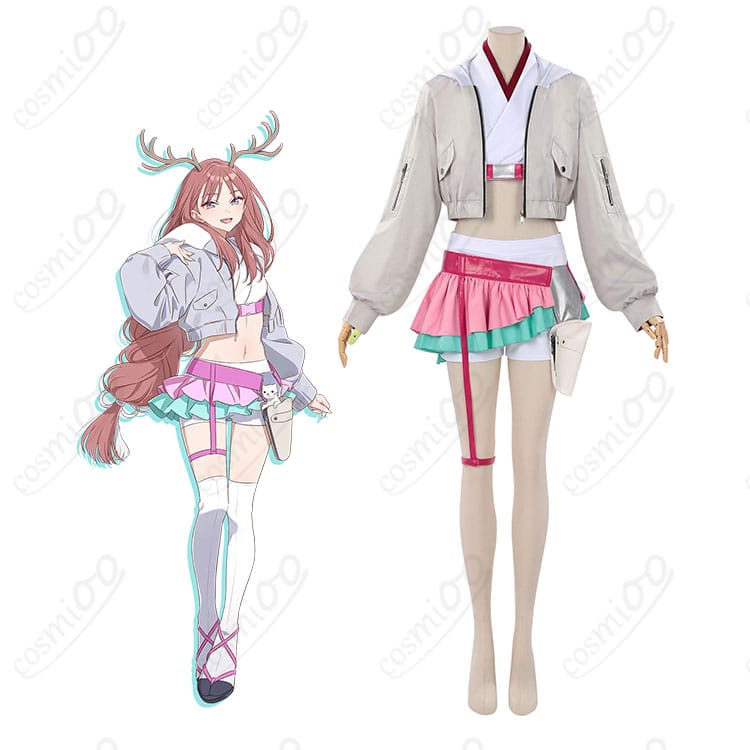 綾紬芦花のコスプレ衣装を着用した全身イメージ。上品なコートと腰ベルトが映えるフルコーデ。