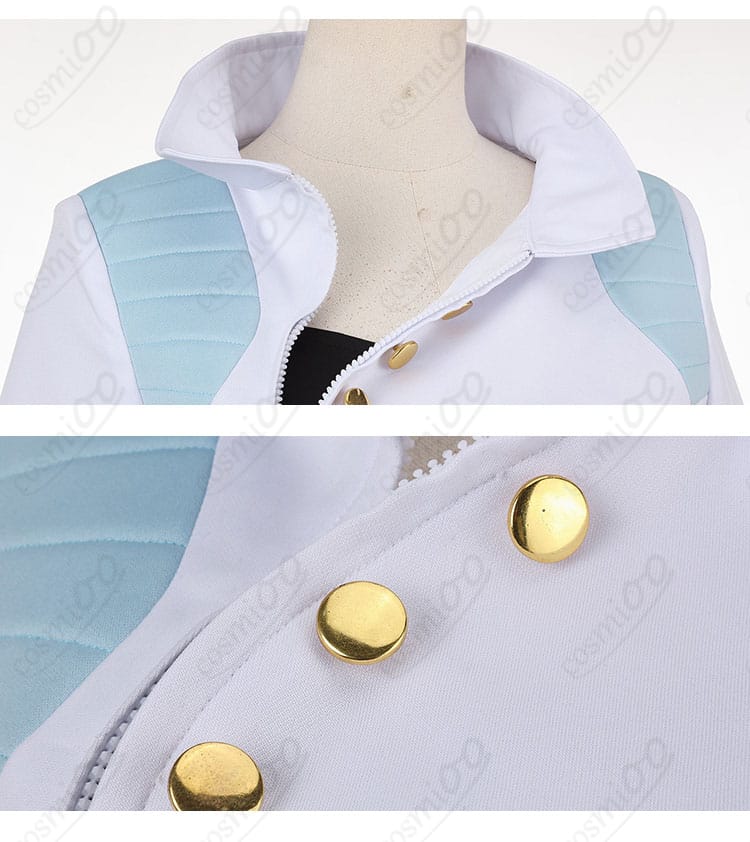 上着の襟元とボタン意匠の接写(比翼風の前立てと質感)