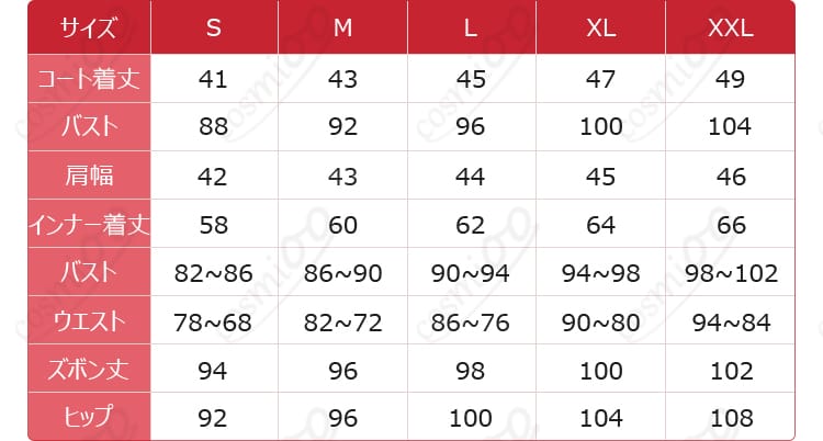 サイズガイド：S〜XLと採寸部位の説明図