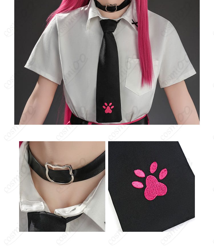 ナナリ・コリンス 制服のシャツ襟元とネクタイ結び目・タイバーの質感