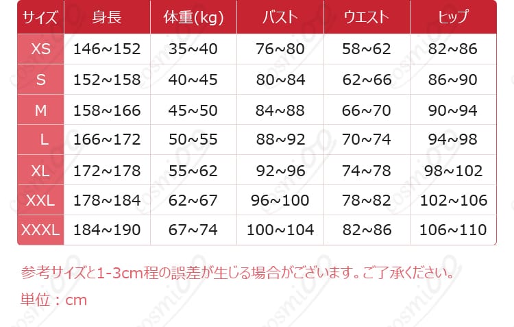 戦慄の逆旅 コスプレ衣装のサイズ表・寸法ガイド