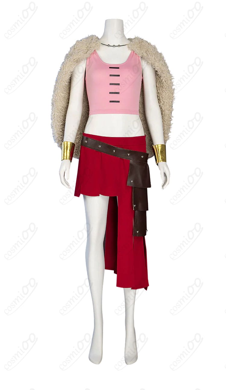 スカート前面の装飾ディテールと留め具のアップ