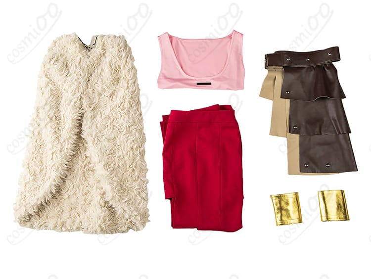 セット内容（トップス・スカート・マント・スカート飾り・リストバンド）の一式展示