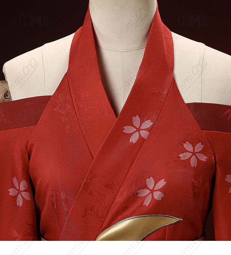 斜襟の襟元と飾り紐のディテール（暗紋ジャガードの質感）