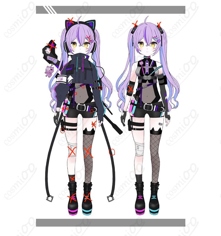 紫宮るな 第3衣装サイバーパンクの正面全身。コートとレオタード、各種ベルトの高コントラスト配色が映えるコスプレ衣装