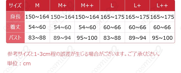 円堂シミコ マジカル衣装 サイズ表と対応寸法の一覧